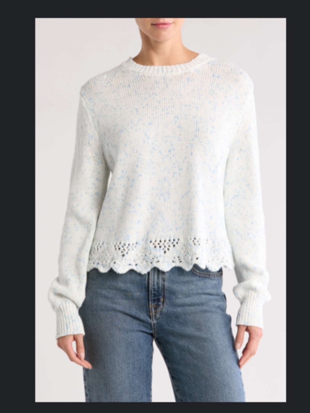 French Connection White Speckle Scallop-Hem Crew Sweater